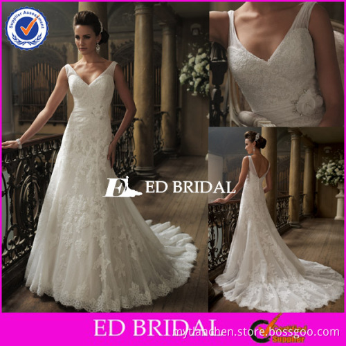 XL188 Cap Sleeve Deep V Back Lace Applique Sweep Train Purple And White Wedding Dresses
